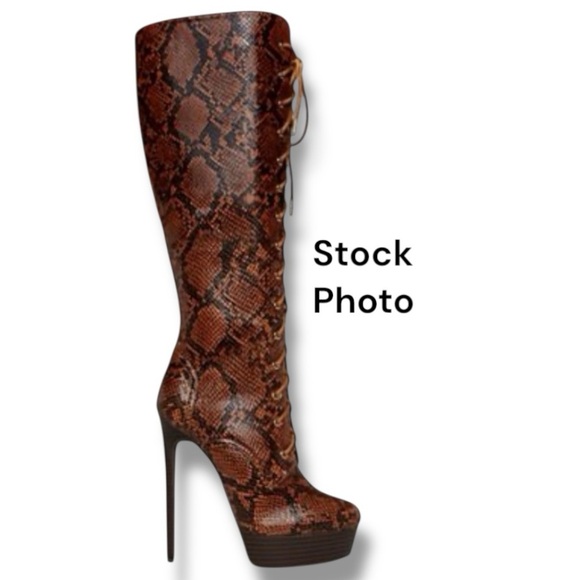 Noela Brown Snakeskin Lace Up Knee High Platform Stiletto Boots Zip Side 7.50 - Picture 2 of 16